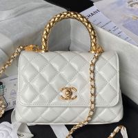 Chanel AS2215 Mini Coco Handbag with Metal Handle in Shiny Calfskin White
