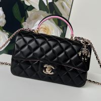 Chanel AS2431 Mini Flap Handbag with Lion Charm in Shiny Lambskin Black/Pink