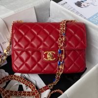 Chanel AS3432 Large Flap Crossbody Bag with Enamel Vintage Chain in Lambskin Red