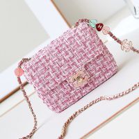 Chanel AS3782 Flap Shoulder Bag with Enamel CC Logo in Tweed Pink