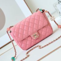 Chanel AS3783 Flap Shoulder Bag with Enamel CC Logo in Lambskin Pink