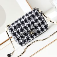 Chanel AS3783 Flap Shoulder Bag with Enamel CC Logo in Tweed Black