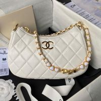 Chanel AS3786 Hobo Handbag with Enamel Heart Chain in Lambskin White