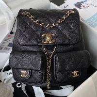 Chanel AS3860 Backpack with Logo Pockets in Grained Calfskin Black