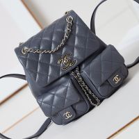 Chanel AS3860 Backpack with Logo Pockets in Grained Calfskin Grey