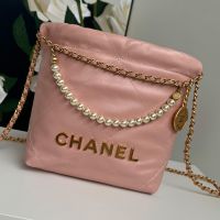 Chanel AS3980 Mini 22 Hobo Bag with Pearls Chain in Shiny Calfskin Pink