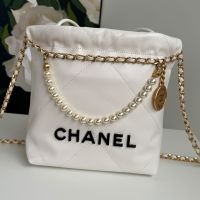 Chanel AS3980 Mini 22 Hobo Bag with Pearls Chain in Shiny Calfskin White/Black