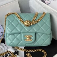 Chanel AS4040 Small Flap Handbag with Camellia Flower Adjustment Buckle in Lambskin Green