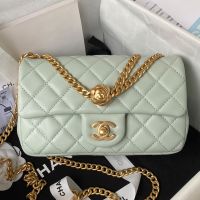 Chanel AS4041 Medium Flap Handbag with Camellia Flower Adjustment Buckle in Lambskin Light Blue
