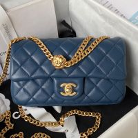 Chanel AS4041 Medium Flap Handbag with Camellia Flower Adjustment Buckle in Lambskin Navy Blue