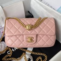 Chanel AS4041 Medium Flap Handbag with Camellia Flower Adjustment Buckle in Lambskin Pink