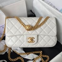 Chanel AS4041 Medium Flap Handbag with Camellia Flower Adjustment Buckle in Lambskin White