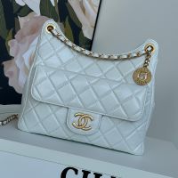 Chanel AS4322 Medium Hobo Crossbody Bag with Logo Pocket in Shiny Calfskin White