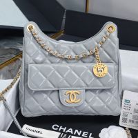 Chanel AS4322 Medium Hobo Crossbody Bag with Logo Pocket in Shiny Lambskin Light Blue
