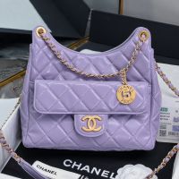 Chanel AS4322 Medium Hobo Crossbody Bag with Logo Pocket in Shiny Lambskin Purple