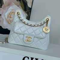 Chanel AS4323 Small Hobo Crossbody Bag with Logo Pocket in Shiny Calfskin White