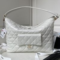 Chanel AS4339 Hobo Bag with Logo Flap Pocket in Calfskin White