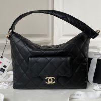 Chanel AS4347 Hobo Bag with Logo Flap Pocket in Calfskin Black