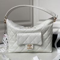 Chanel AS4347 Hobo Bag with Logo Flap Pocket in Calfskin White
