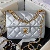 Chanel AS4384 Crossbody Bag with Pearls Chain in Lambskin Silver