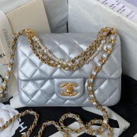 Chanel AS4385 Crossbody Bag with Pearls Chain in Lambskin Silver