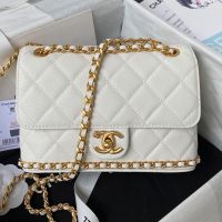 Chanel AS4431 Flap Shoulder Bag with CC Camellia Logo in Grained Calfskin White