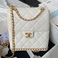 Chanel AS4490 Backpack with CC Camellia Logo in Grained Calfskin White