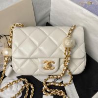 Chanel AS4868 Classic Flap Bag with Pearl Balls Chain in Lambskin White