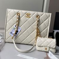 Chanel AS4940 Shopping Bag with Chain Strap in Grained Calfskin White