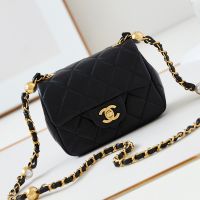 Chanel AS4946 Flap Shoulder Bag with Pearls Chain Strap in Lambskin Black