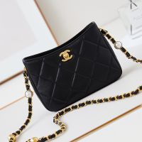 Chanel AS4948 Shoulder Bag with Pearls Chain Strap in Lambskin Black