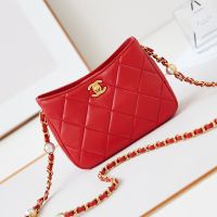 Chanel AS4948 Shoulder Bag with Pearls Chain Strap in Lambskin Red