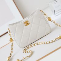 Chanel AS4948 Shoulder Bag with Pearls Chain Strap in Lambskin White