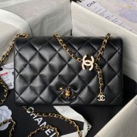 Chanel AS4967 Small Flap Shoulder Bag with CC Enamel Buckle in Shiny Lambskin Black