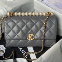 Chanel AS4997 Flap Bag with Pearls Chain in Lambskin Grey