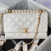 Chanel AS4997 Flap Bag with Pearls Chain in Lambskin White