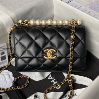 Chanel AS5001 Mini Flap Shoulder Bag with Pearls Handle in Lambskin Black