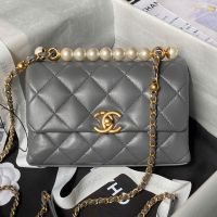 Chanel AS5001 Mini Flap Shoulder Bag with Pearls Handle in Lambskin Grey