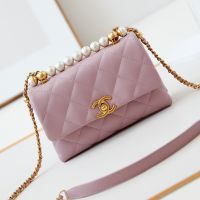 Chanel AS5001 Mini Flap Shoulder Bag with Pearls Handle in Lambskin Pink