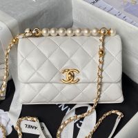 Chanel AS5001 Mini Flap Shoulder Bag with Pearls Handle in Lambskin White