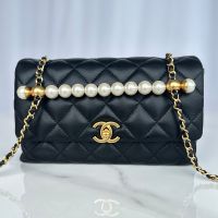 Chanel AS5002 Flap Shoulder Bag with Pearls Handle in Lambskin Black