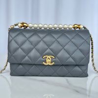 Chanel AS5002 Flap Shoulder Bag with Pearls Handle in Lambskin Grey