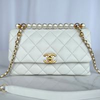 Chanel AS5002 Flap Shoulder Bag with Pearls Handle in Lambskin White