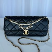 Chanel AS5018 Flap Shoulder Bag with Pearls and Chanel Crystals in Lambskin Black