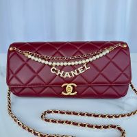 Chanel AS5018 Flap Shoulder Bag with Pearls and Chanel Crystals in Lambskin Burgundy