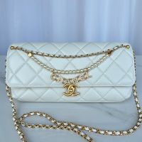 Chanel AS5018 Flap Shoulder Bag with Pearls and Chanel Crystals in Lambskin White