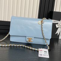 Chanel AS5180 Flap Crossbody Bag with Chain Strap in Grained Shiny Calfskin Light Blue