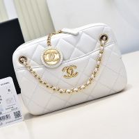 Chanel AS5190 Mini Camera Bag with CC Gold Coin Pendant in Lambskin White