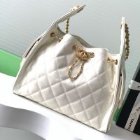 Chanel AS5293 Small Hobo Bucket Bag with Chain Strap in Calfskin White