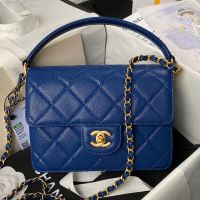 Chanel AS6262 Small Flap Handbag with Leather Handle in Grained Calfskin Blue